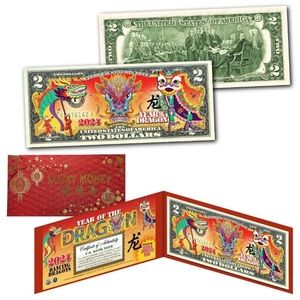 2024 DANCING DRAGONS Chinese New Year of Dragon $2 US Bill with Envelope & Folio